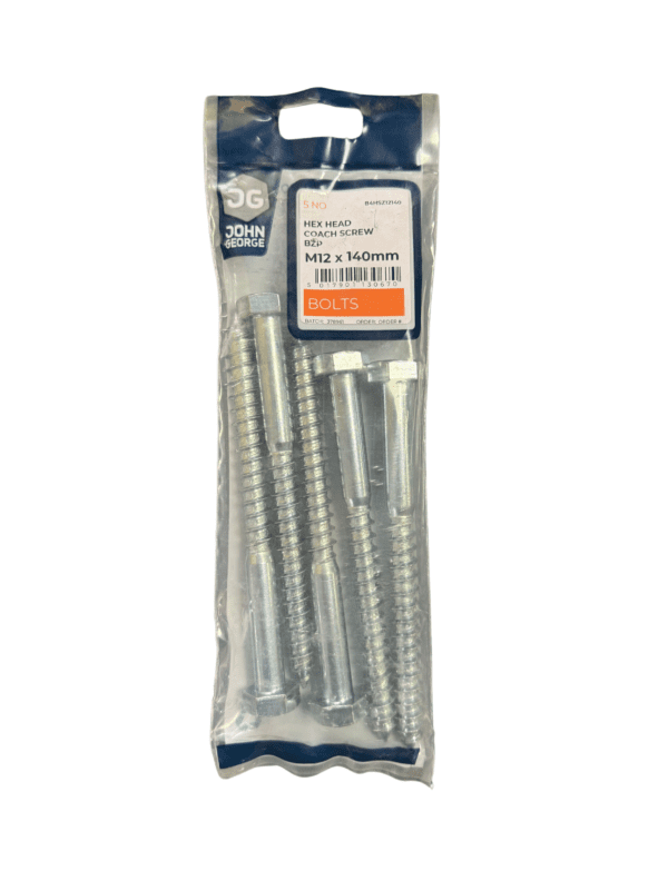 JG HEX HEAD COACH SCREW BZP M12 X 140 (5) B4HSZ12140