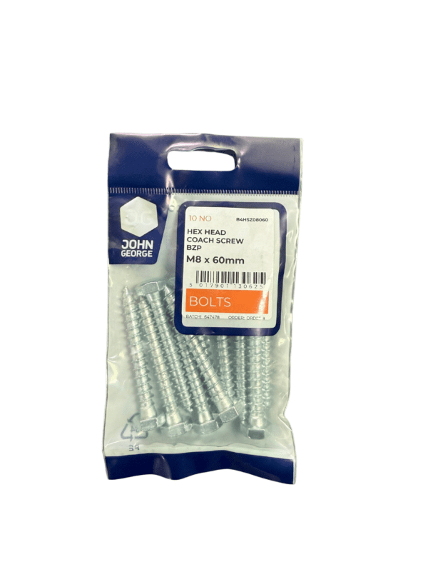 JG HEX HEAD COACH SCREW BZP M8 X 60 (5) B4HSZ08060