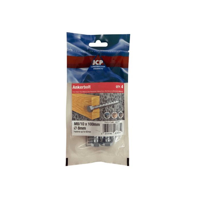 ANKERBOLT HEXAGON HEAD BZP 8/10 x 100mm BAG 4no - JB8315