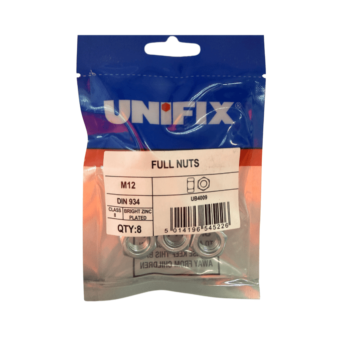 M12 BZP HEX NUTS BAG 8no UB4009
