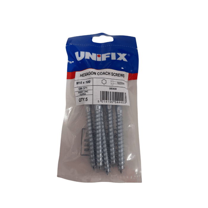 M10 x 100mm COACH SCREWS HEXAGON HEAD BZP BAG 5no - UB3039