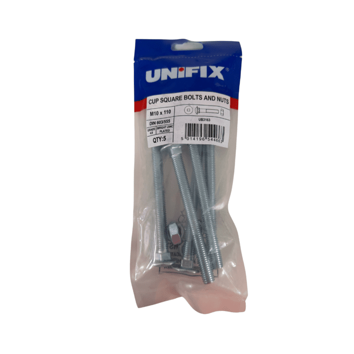 M10 x 110mm CUP SQUARE HEX BOLTS & NUTS BZP BAG 5no - UB3163