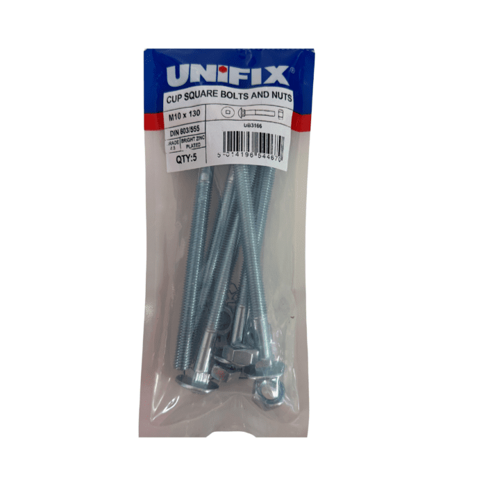 M10 x 130mm CUP SQUARE HEX BOLTS & NUTS BZP BAG 5no - UB3166