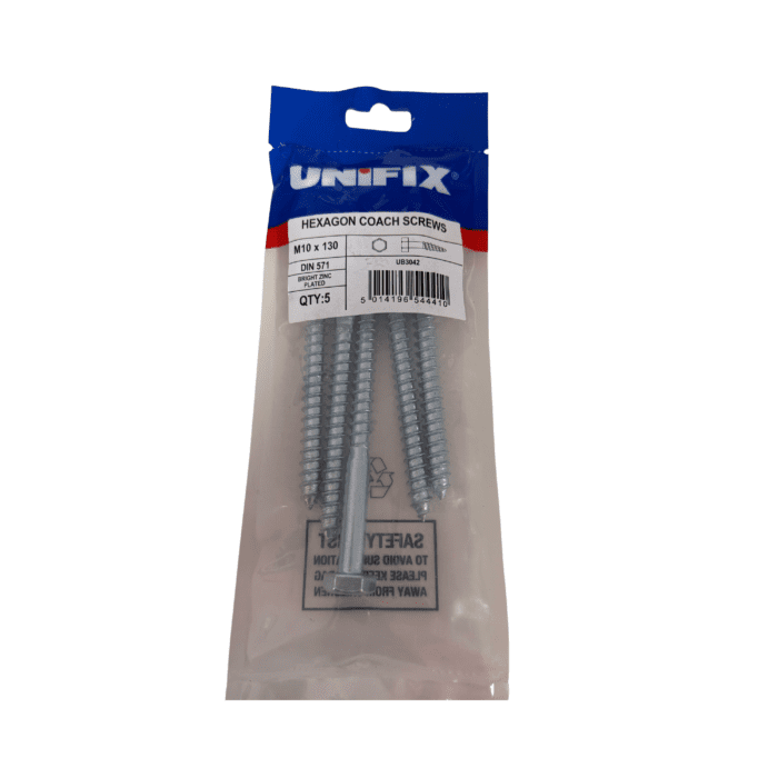 M10 x 130mm COACH SCREWS HEXAGON HEAD BZP BAG 5no - UB3042
