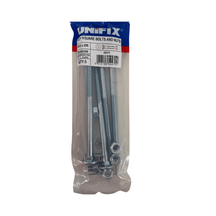 M10 x 200mm CUP SQUARE HEX BOLTS & NUTS BZP BAG 5no - UB3175