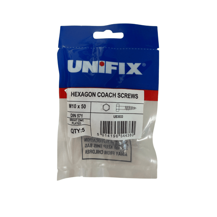 M10 x 50mm COACH SCREWS HEXAGON HEAD BZP BAG 5no - UB3033