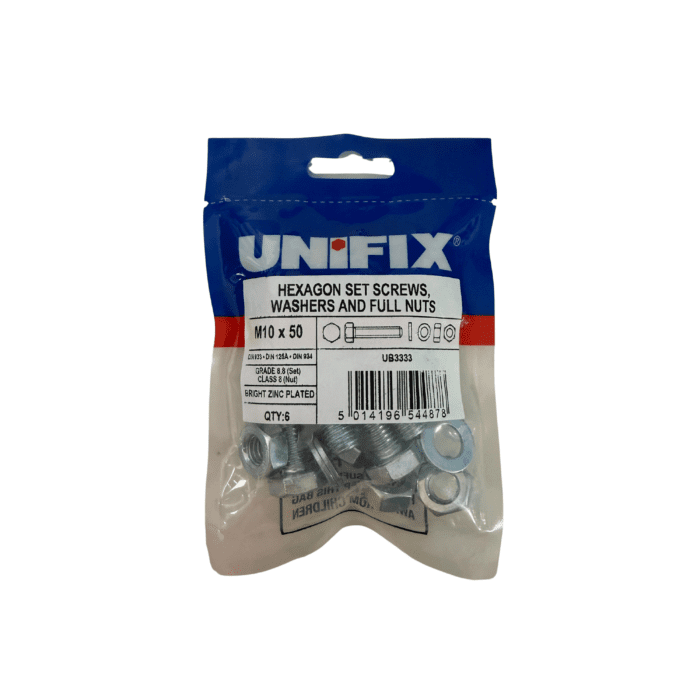 M10 x 50mm HEXAGON SET SCREWS - WASHERS & FUL NUTS BZP BAG 6no -  UB3333