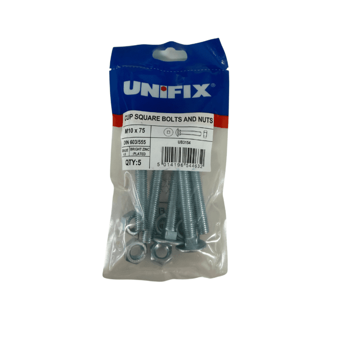M10 x 75mm CUP SQUARE HEX BOLTS & NUTS BZP BAG 5no - UB3154