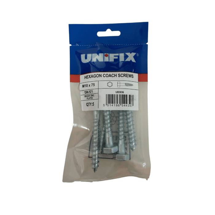 M10 x 75mm COACH SCREWS HEXAGON HEAD BZP BAG 5no - UB3036