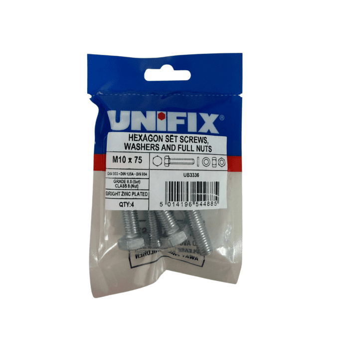 M10 x 75mm HEXAGON SET SCREWS - WASHERS & FUL NUTS BZP BAG 4no -  UB3336