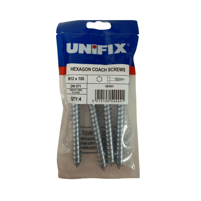M12 x 100mm COACH SCREWS HEXAGON HEAD BZP BAG 4no - UB3051