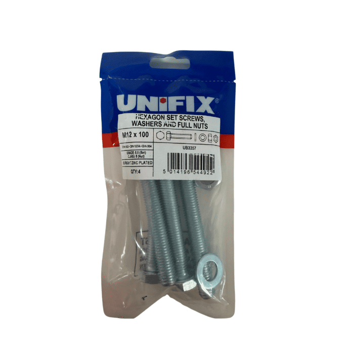 M12 x 100mm HEXAGON SET SCREWS - WASHERS & FUL NUTS BZP BAG 4no -  UB3357