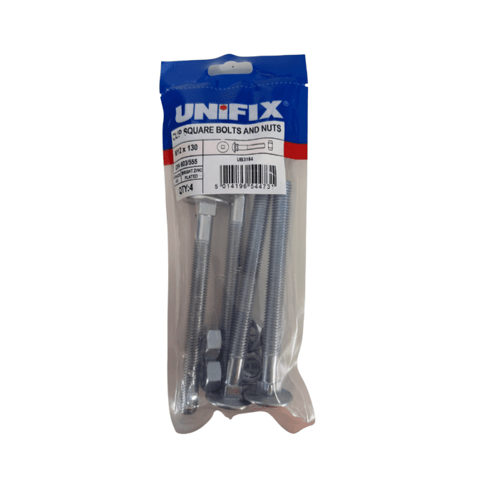 M12 x 130mm CUP SQUARE HEX BOLTS & NUTS BZP BAG 4no - UB3184