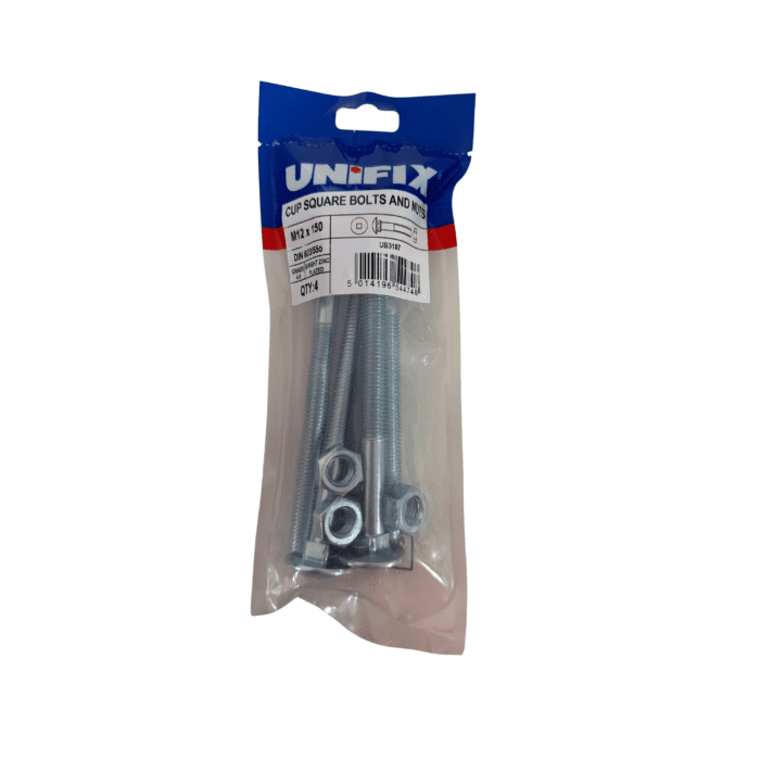 M12 x 150mm CUP SQUARE HEX BOLTS & NUTS BZP BAG 4no - UB3187