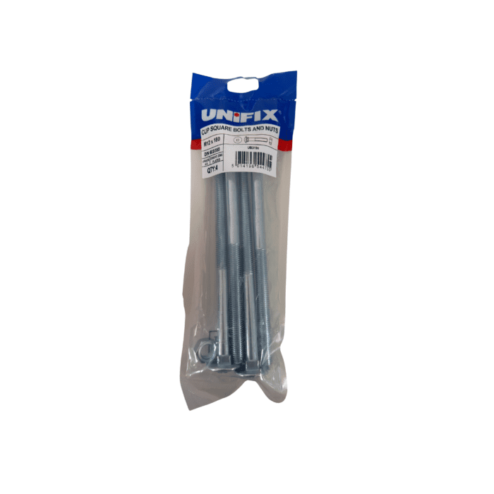 M12 x 180mm CUP SQUARE HEX BOLTS & NUTS BZP BAG 4no - UB3190
