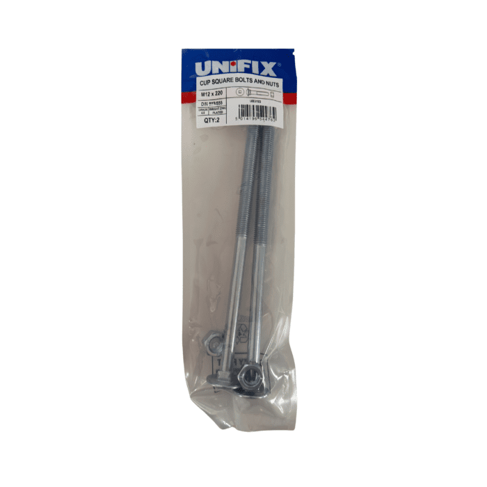 M12 x 220mm CUP SQUARE HEX BOLTS & NUTS BZP BAG 2no - UB3193