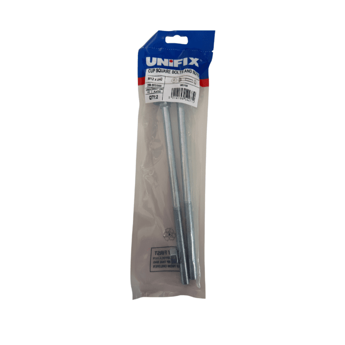 M12 x 240mm CUP SQUARE HEX BOLTS & NUTS BZP BAG 2no - UB3196