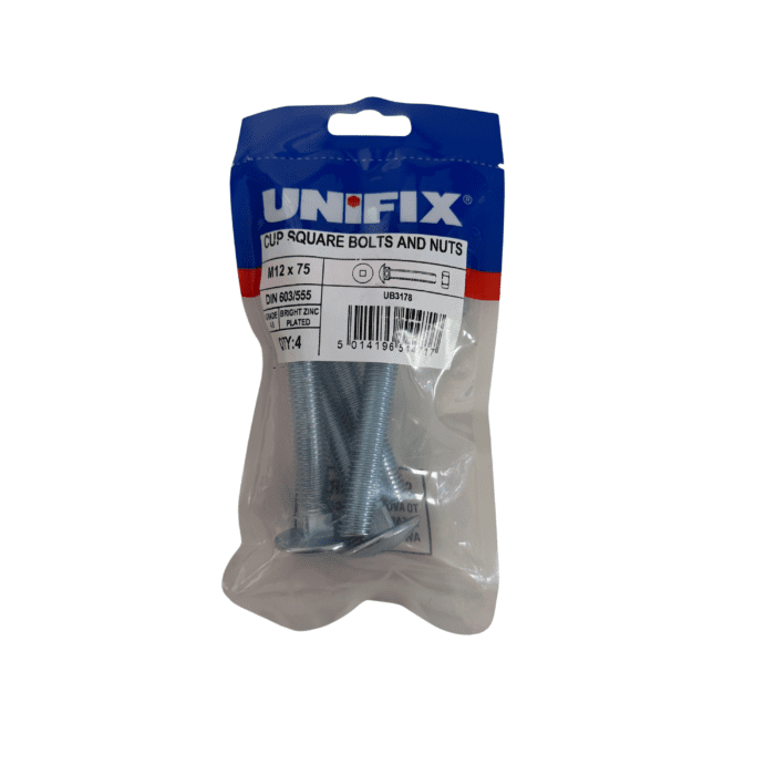 M12 x 75mm CUP SQUARE HEX BOLTS & NUTS BZP BAG 4no - UB3178