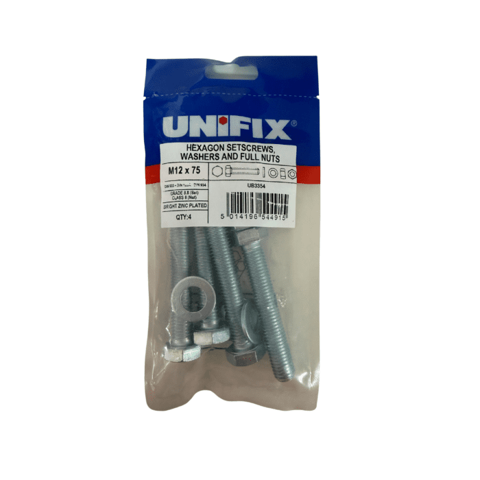 M12 x 75mm HEXAGON SET SCREWS - WASHERS & FUL NUTS BZP BAG 4no - UB3354