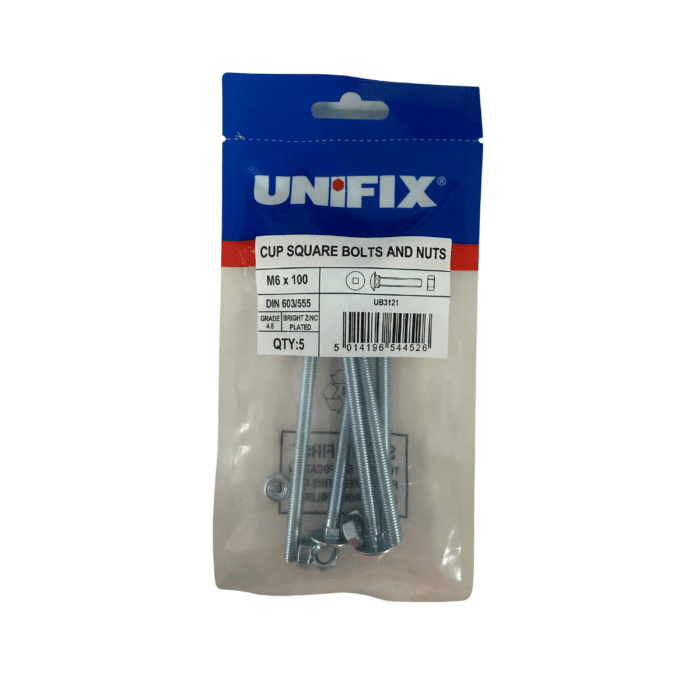 M6 x 100mm CUP SQUARE HEX BOLTS & NUTS BZP BAG 5no - UB3121