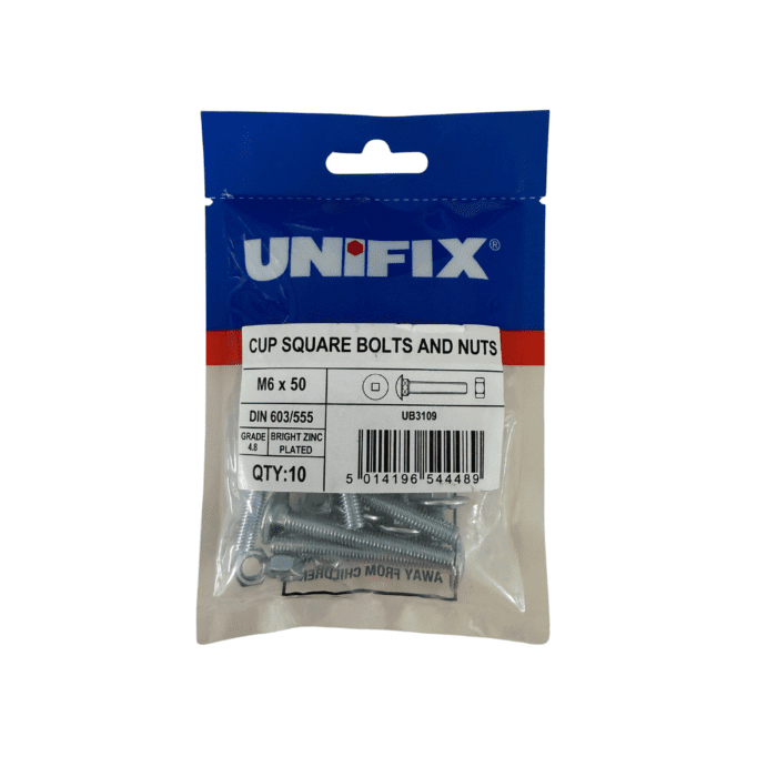M6 x 50mm CUP SQUARE HEX BOLTS & NUTS BZP BAG 10no - UB3109