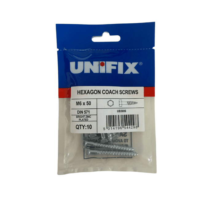 M6 x 50mm COACH SCREWS HEXAGON HEAD BZP BAG 10no - UB3006