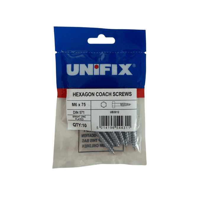 M6 x 75mm COACH SCREWS HEXAGON HEAD BZP BAG 10no - UB3012