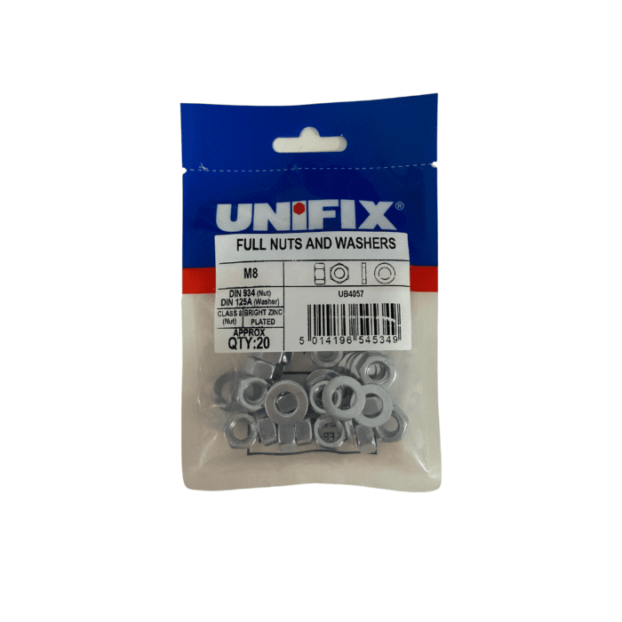 M8 BZP HEX NUTS & WASHERS BAG 20no UB4057