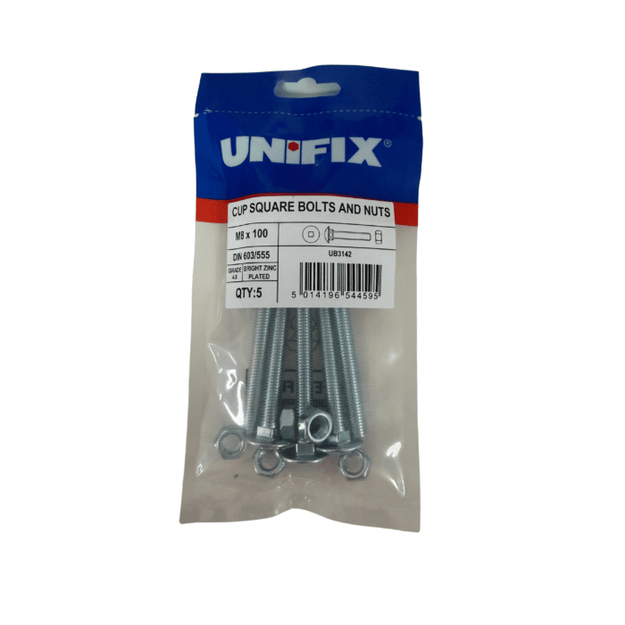 M8 x 100mm CUP SQUARE HEX BOLTS & NUTS BZP BAG 5no - UB3142