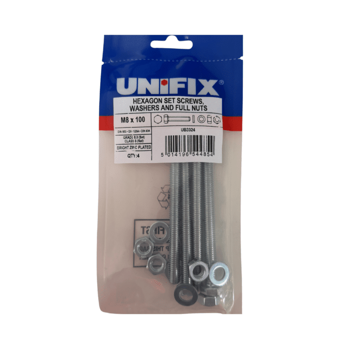 M8 x 100mm HEXAGON SET SCREWS - WASHERS & FULL NUTS BZP BAG 4no - UB3324