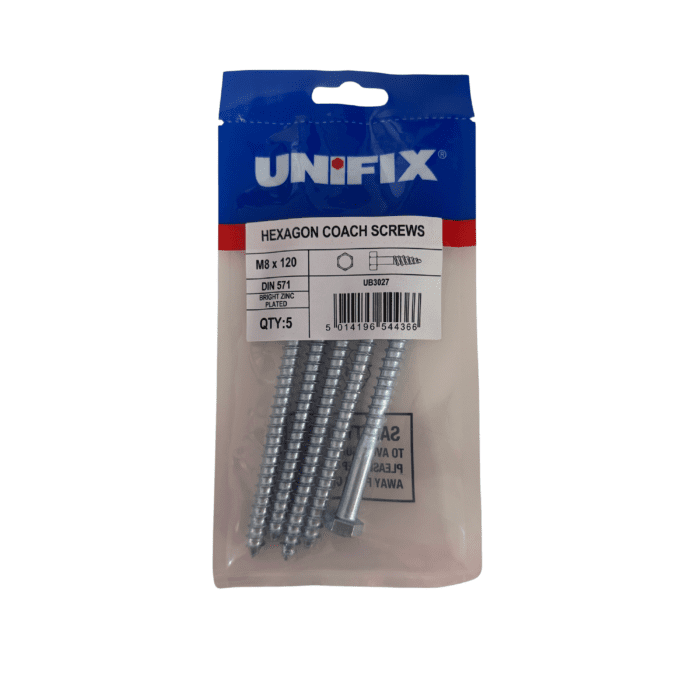 M8 x 120mm COACH SCREWS HEXAGON HEAD BZP BAG 5no - UB3027