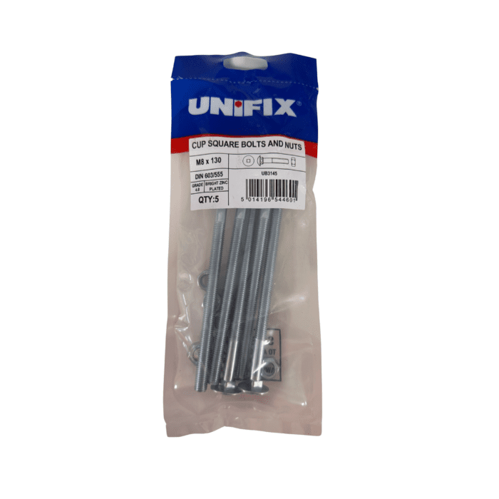 M8 x 130mm CUP SQUARE HEX BOLTS & NUTS BZP BAG 5no - UB3145
