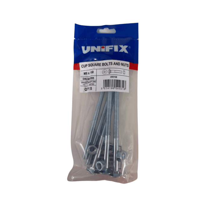 M8 x 150mm CUP SQUARE HEX BOLTS & NUTS BZP BAG 5no - UB3148