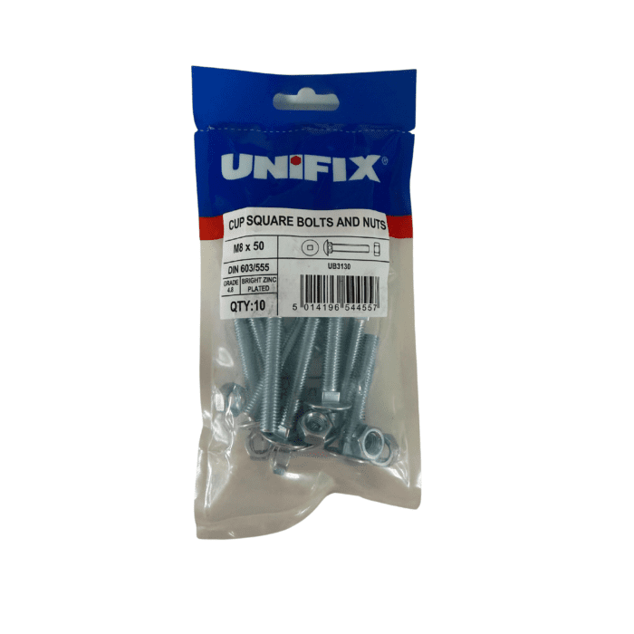 M8 x 50mm CUP SQUARE HEX BOLTS & NUTS BZP BAG 10no - UB3130