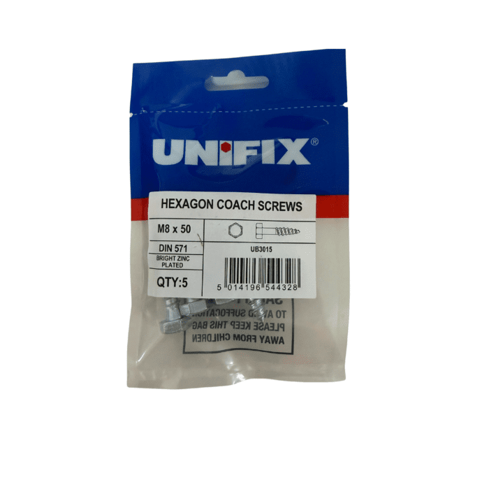 M8 x 50mm COACH SCREWS HEXAGON HEAD BZP BAG 5no - UB3015