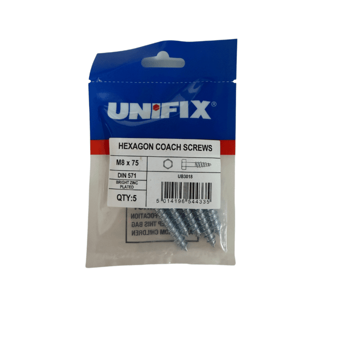 M8 x 75mm COACH SCREWS HEXAGON HEAD BZP BAG 5no - UB3018
