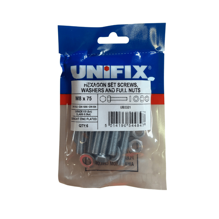 M8 x 75mm HEXAGON SET SCREWS - WASHERS & FULL NUTS BZP BAG 6no - UB3321
