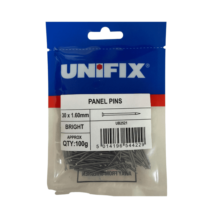 30 x 1.6mm BRIGHT PANEL PINS 100g BAG - UB2521